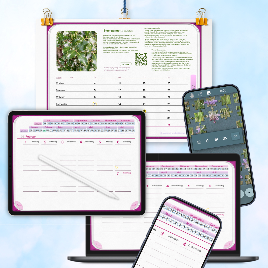 Ein Werbebild für einen digitalen Planer (Modell „to-do“), der auf verschiedenen Geräten präsentiert wird. Vor einem hellblauen Hintergrund sind ein großes Tablet, ein Smartphone und ein Laptop-Bildschirm fächerartig übereinander angeordnet. Auf allen Geräten ist die Benutzeroberfläche des Planers in einem hellen Design mit rosa und lila Akzenten zu sehen.