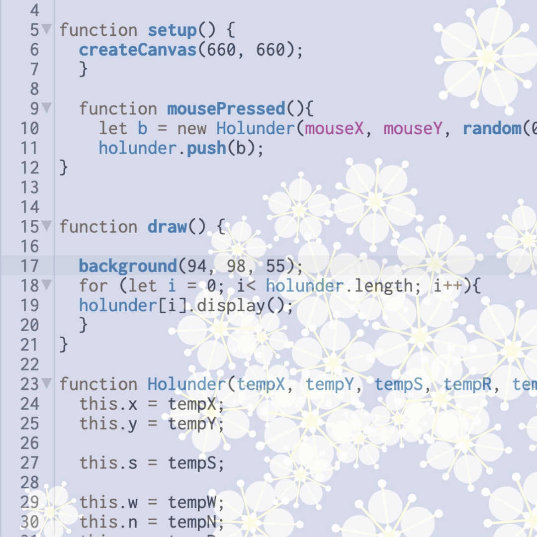 Generatives Design mit P5.JS. Zeigt Codeausschnitt mit transparenten Blumen.